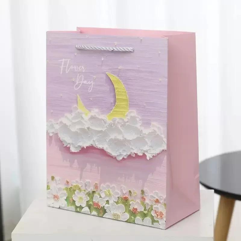 

New Styles Handbag Oil Painting Printing Paperboard Colour Gift Cosmetic Clothing Storage Shopping Bags Portable Packaging Bag 14xH15.5x7cm&12pcs