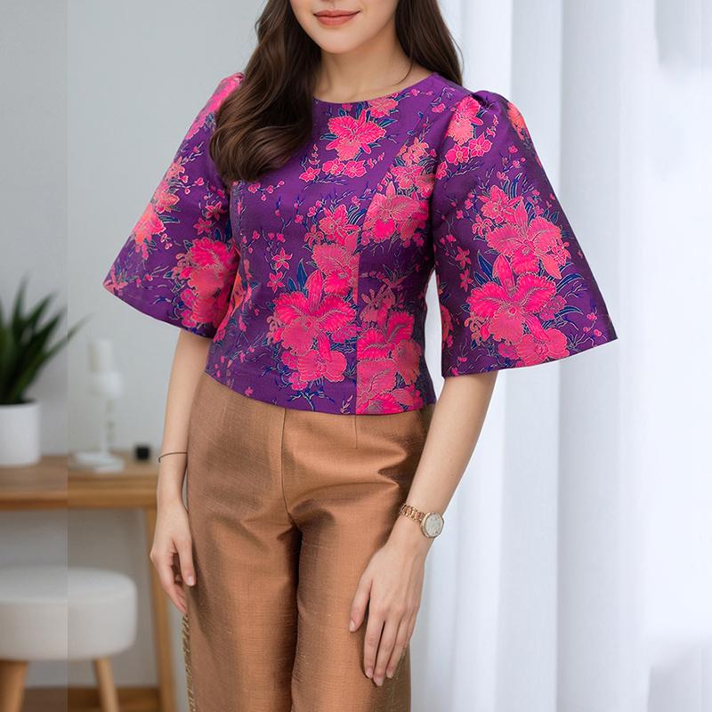 

ZANZEA Женская повседневная летняя блузка с круглым вырезом и коротким рукавом с принтом M фиолетовый