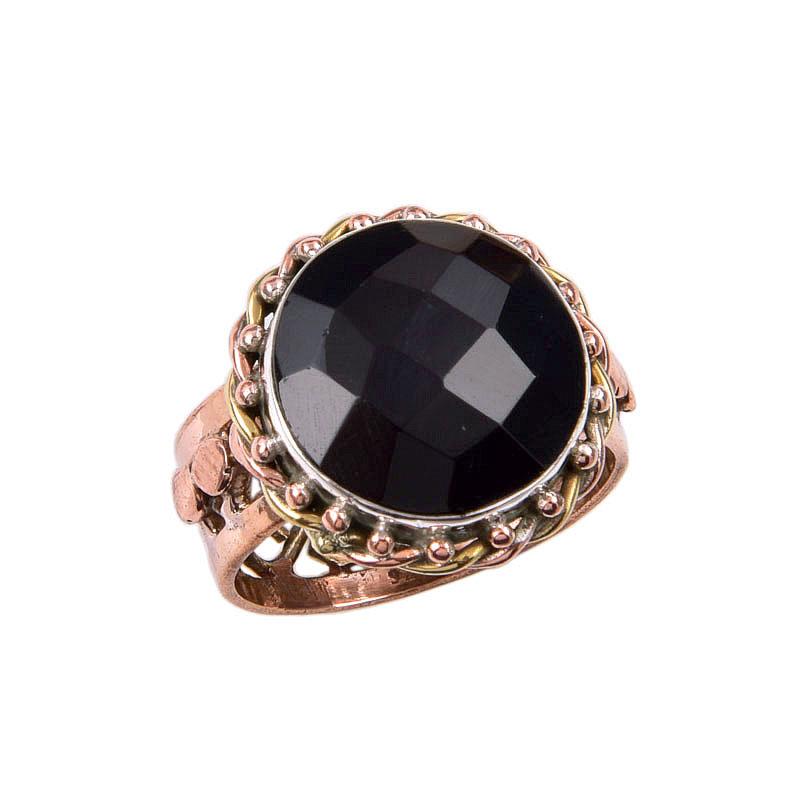 Natural Black Onyx Gemstone 925 Solid Sterling Silver Two Tone Ring Size 9 s0O05