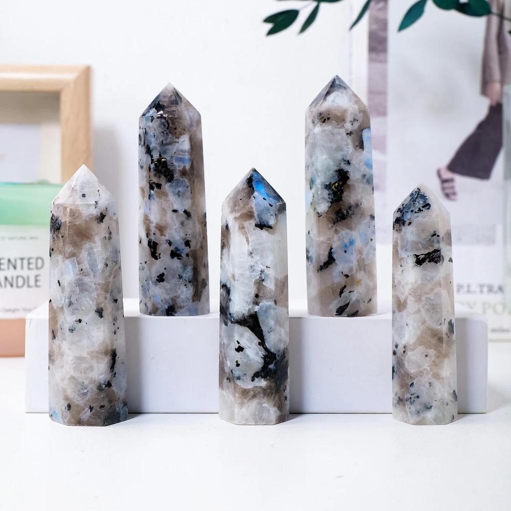 Natural Black Moonstone Hexagonal Prism Polished Energy Column Ornament