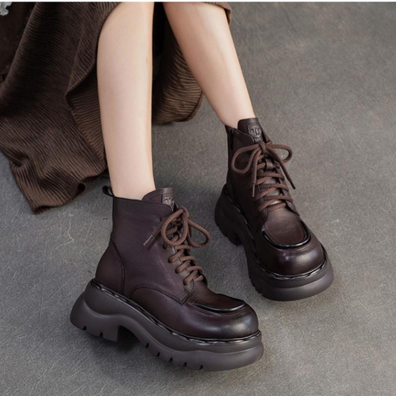 Johnature Genuine Leather Thick Soled Ankle Boots Retro Round Toe Side Zipper Women's Short Boots