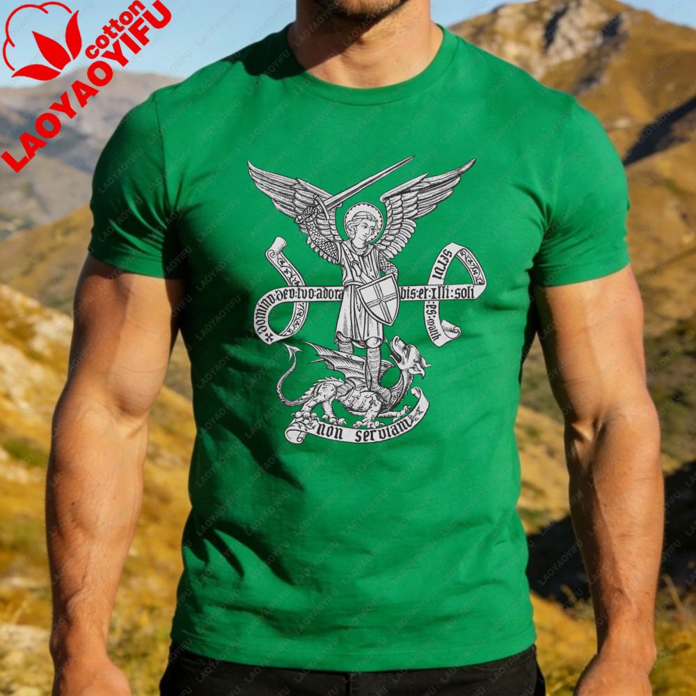 St Michael Archangel Non Serviam Graphic Shirt Medieval Engraving Style Men Tshirt Christian Faith Medieval Culture Lover Tee S