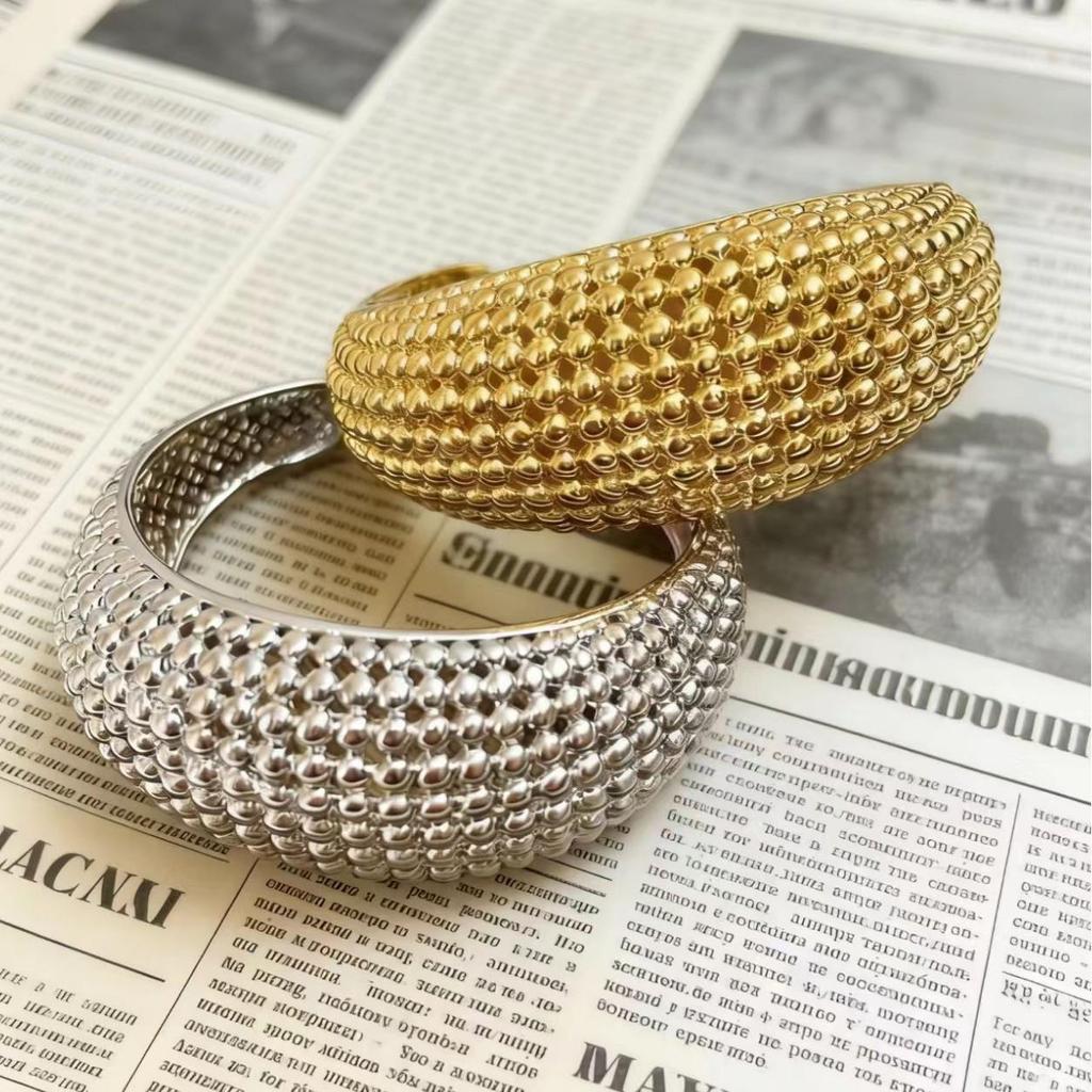 European Two-Tone Gold & Silver Wide Metal Bracelet for Women, Bean Texture, Open Cuff, Niche High-End Feel