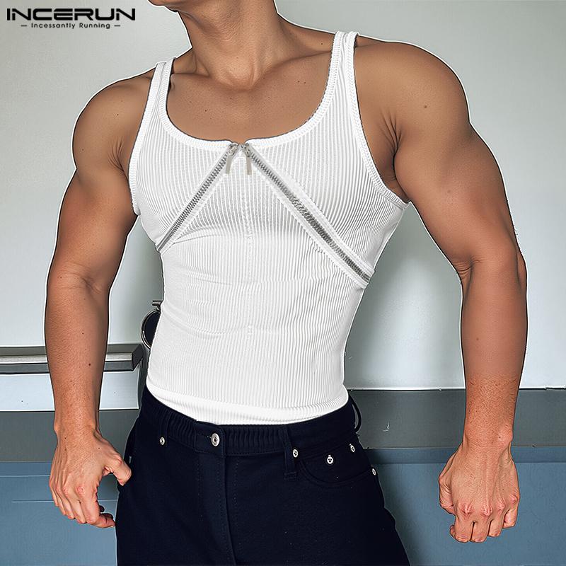 

INCERUN Summer Men Strap Sleeveless Rib Zipper Casual Fitted Tank Tops
