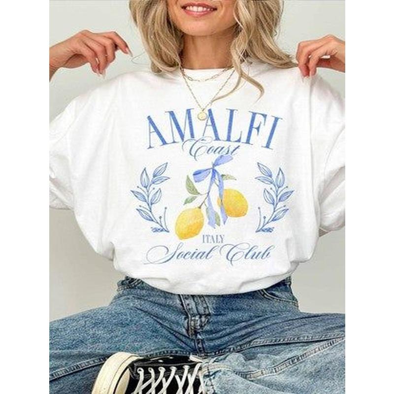

Женская футболка Amalfi Coast Italian Social Club, европейский размер, повседневная, с рисунком лимона и листа, с круглым вырезом, удобная S белый