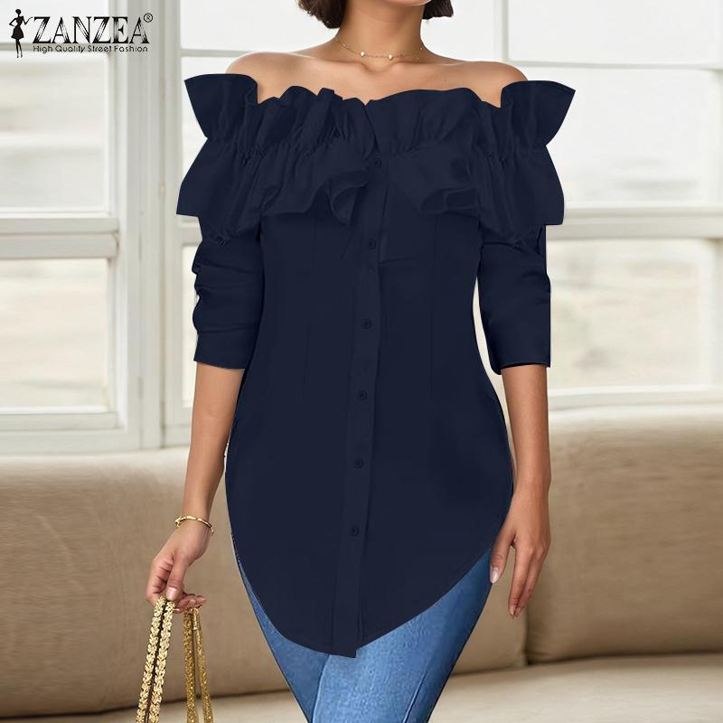 ZANZEA Blusa Casual de Manga Larga con Hombros Descubiertos para Mujer