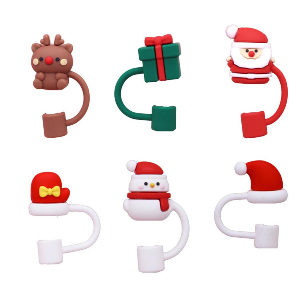 6pcs Christmas Silicone Caps for Straws Reusable Cartoon Drinking Straw Caps Dustproof Cute Straw Cover Toppers Tips Lid