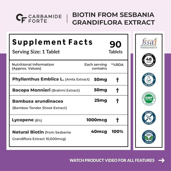 Carbamide Forte Biotintabletter för hårväxt med Amla, Brahmi & Bambuextrakt | Hårväxttablett | Hårvitaminer - 90 Veg Tablett