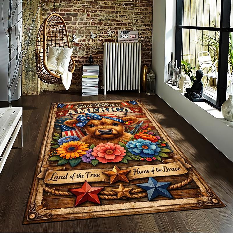 God Bless America Cow Floral Carpet Non-slip Rug Suitable for Living Room and Bedroom Sofas