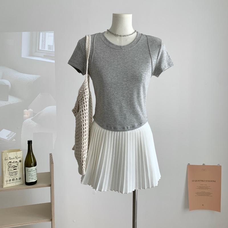 Fashion Round Neck Slim Fit Cropped T-shirt Women Short Sleeve Tops Women Summer Elegant Casual T Shirt Office Lady Simple Tee 24239