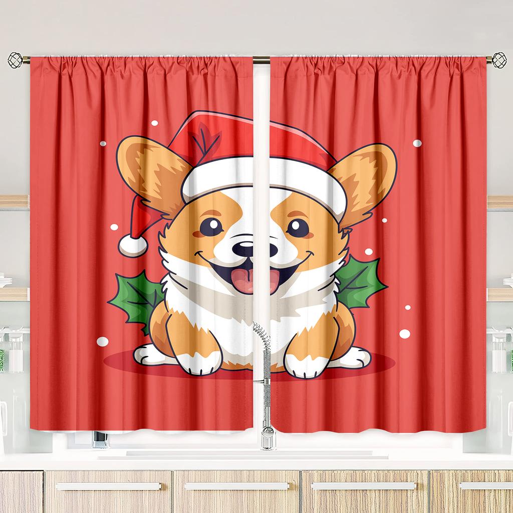 2 Pieces - Christmas - Dog - Printed Curtain - Polyester Material - Suitable for Bedroom, Living Room, Study Private Curtain