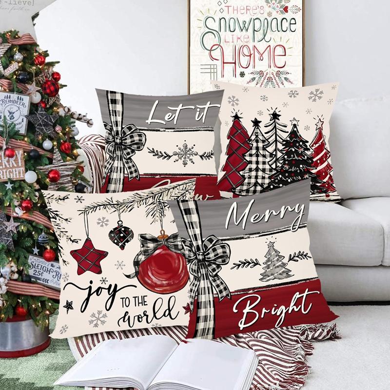 4pcs Rustic Christmas Throw Pillow Covers Winter Holiday Farmhouse Decorative Pillowcases for Home Sofa Couch Christmas Deocr