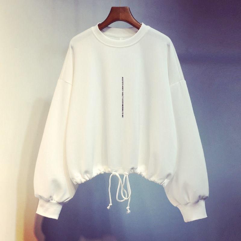 Women's Crew Neck Long Sleeve Oversized Casual Sweatshirt Drawstring Cropped Top Fashion Blouse