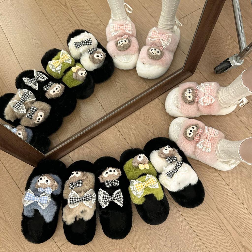 Cute cartoon doll fluffy slippers women's 2025 autumn and winter outer wear thick-soled non-slip cotton slippers women's one-word drag