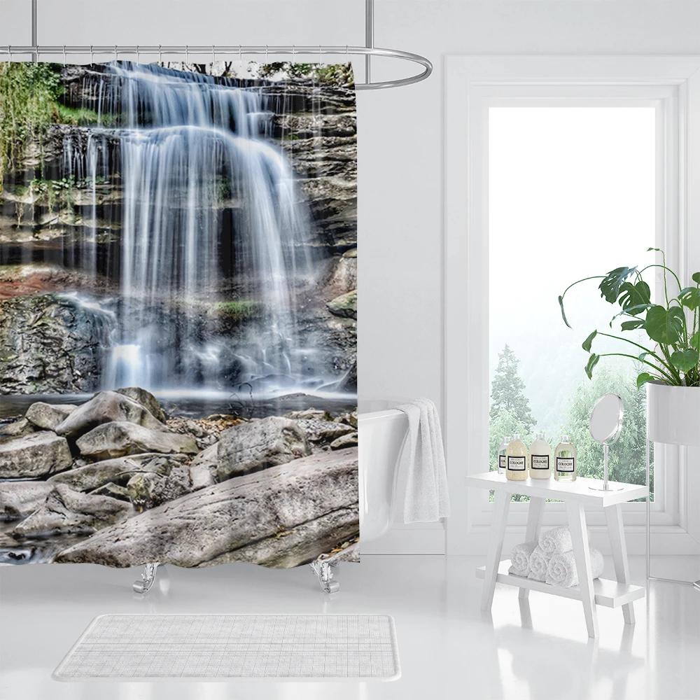 Forest Waterfall Shower Curtain Tropical Rainforest Palm Jungle Tree Green Leaves Plants Scenery Bathroom Decor Set With Hooks