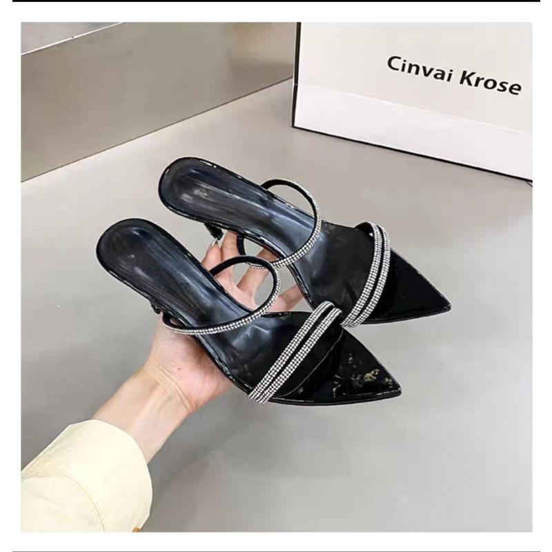 

Fashion 2025Sexy High Heels Slippers Rhinestone Dress Party Shoes Summer Mules Thin Heels Runway Slippers Crystal Sandals Woman 34 чёрный