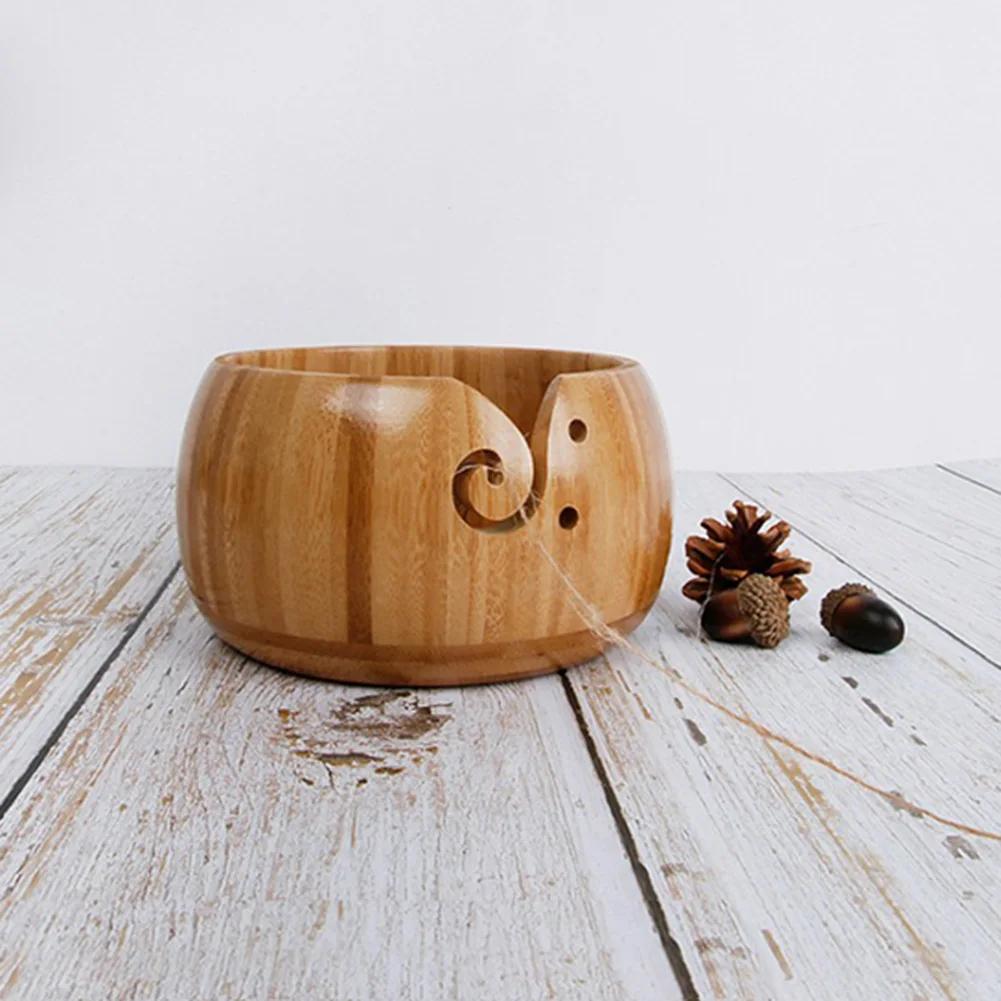 With Handmade Holes Woolen Knitting Storage Basket Wooden Yarn Bowl Wool Holder Organizer Knitting Crochet Weaving Tools