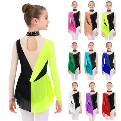 Maillot de corps en maille à strass pour filles, manches longues, bloc de couleurs, boutons-pression à l'entrejambe, combinaison, tenues de danse et de gymnastique