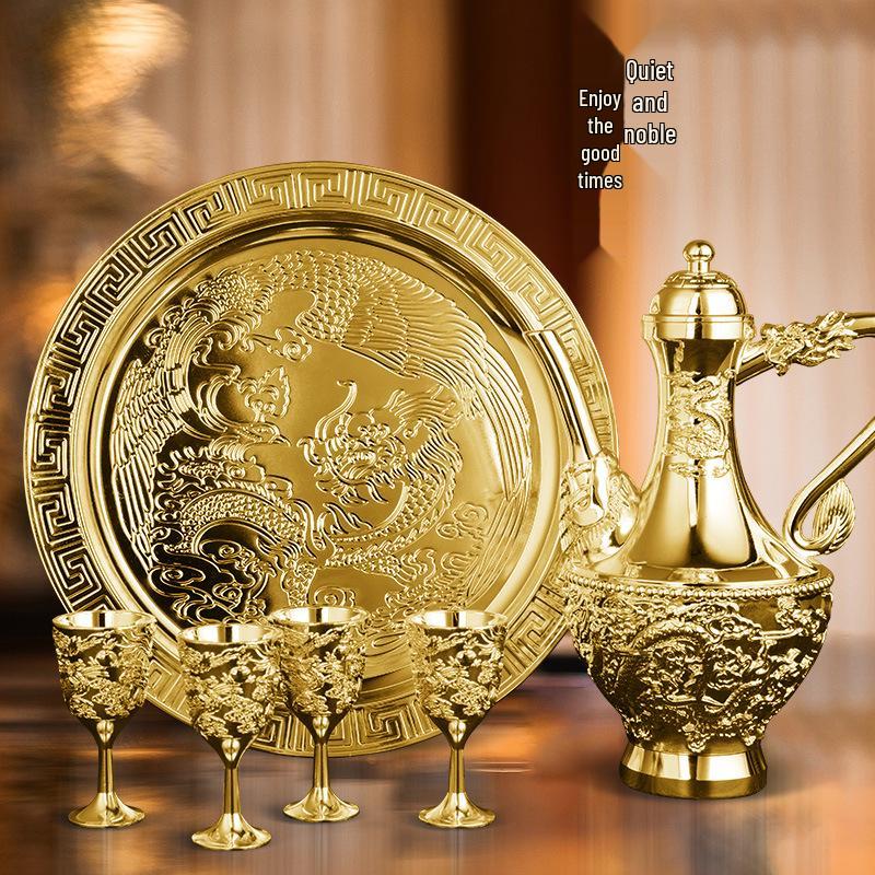 Dragon & Phoenix Wine Set: Silver Pot, Silver-Plated & Gold-Plated Cups, Five-Piece Set in Leather Box.