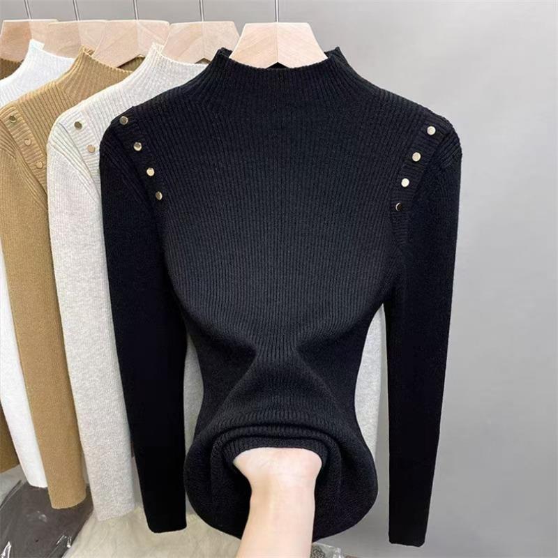 Knitted Primer Button Pullover Autumn and Winter Knitted Sweater Semi-turtleneck Top Sweater Slim Temperament New