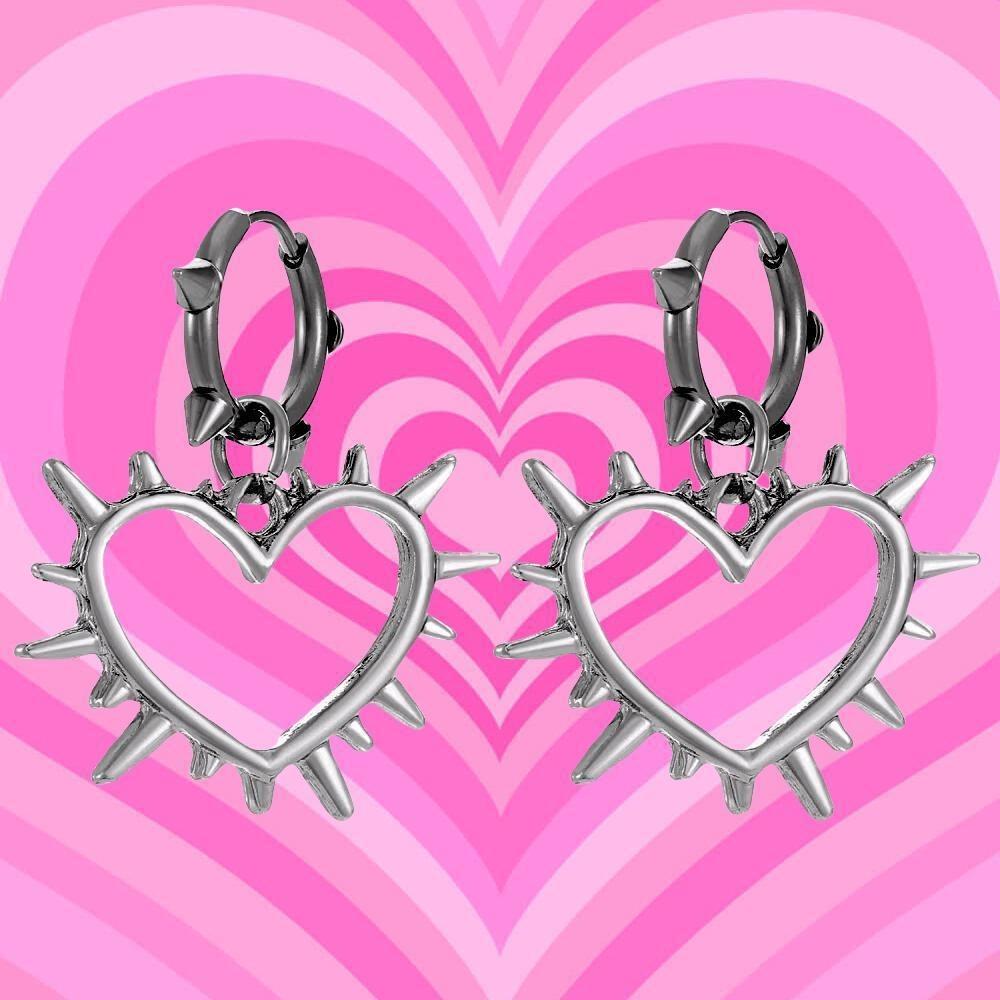 Personality Punk Sliver Color Hollowed-out Thorn Heart Shape Pendant Hoop Earrings for Women Stainless Steel Jewelry Accessories