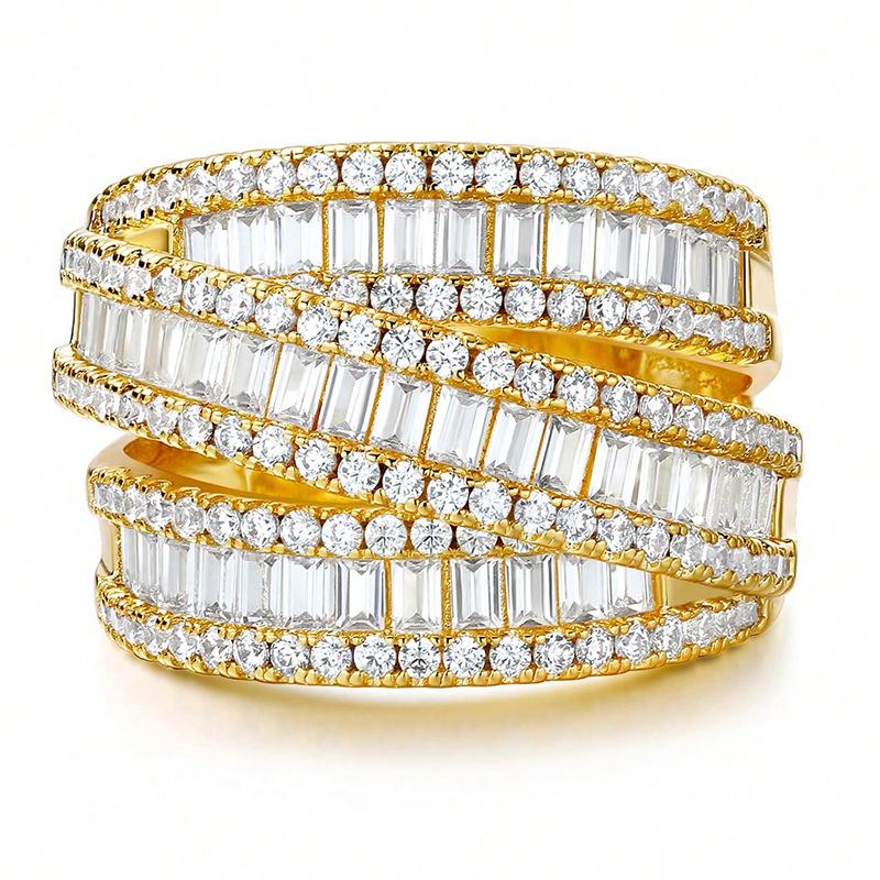

Zircon ring women s three-row dense zirconium hip-hop ring retro fashion high sense versatile no. 5 золотой