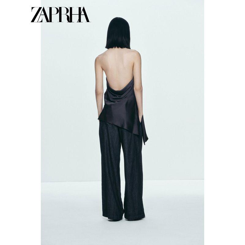 Zaprha 2025 Summer New Arrival Asymmetric Silk Satin Texture Sleeveless Hanging Collar Tops Fancy 2754100