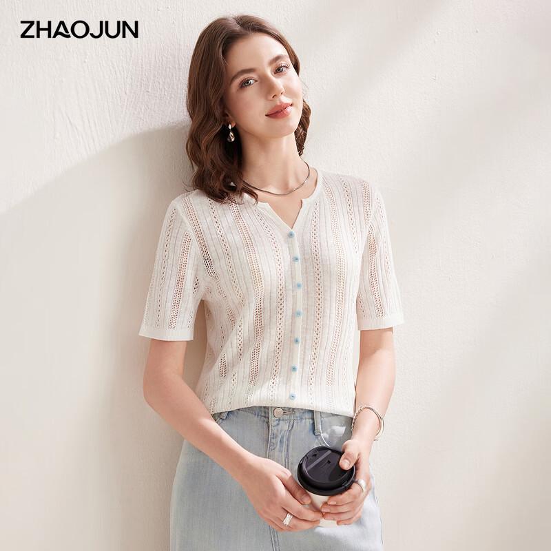

Zhaojun 2026 Spring Summer Women s Linen Blend Hollow Knit Short Sleeve T-shirt 2XL
