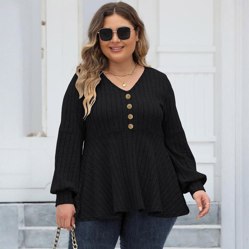 Women's Tops Plus Size Women's Babydoll Top V-Neck Pierced Fleece  Sleeve T-Shirt   Decorated Top