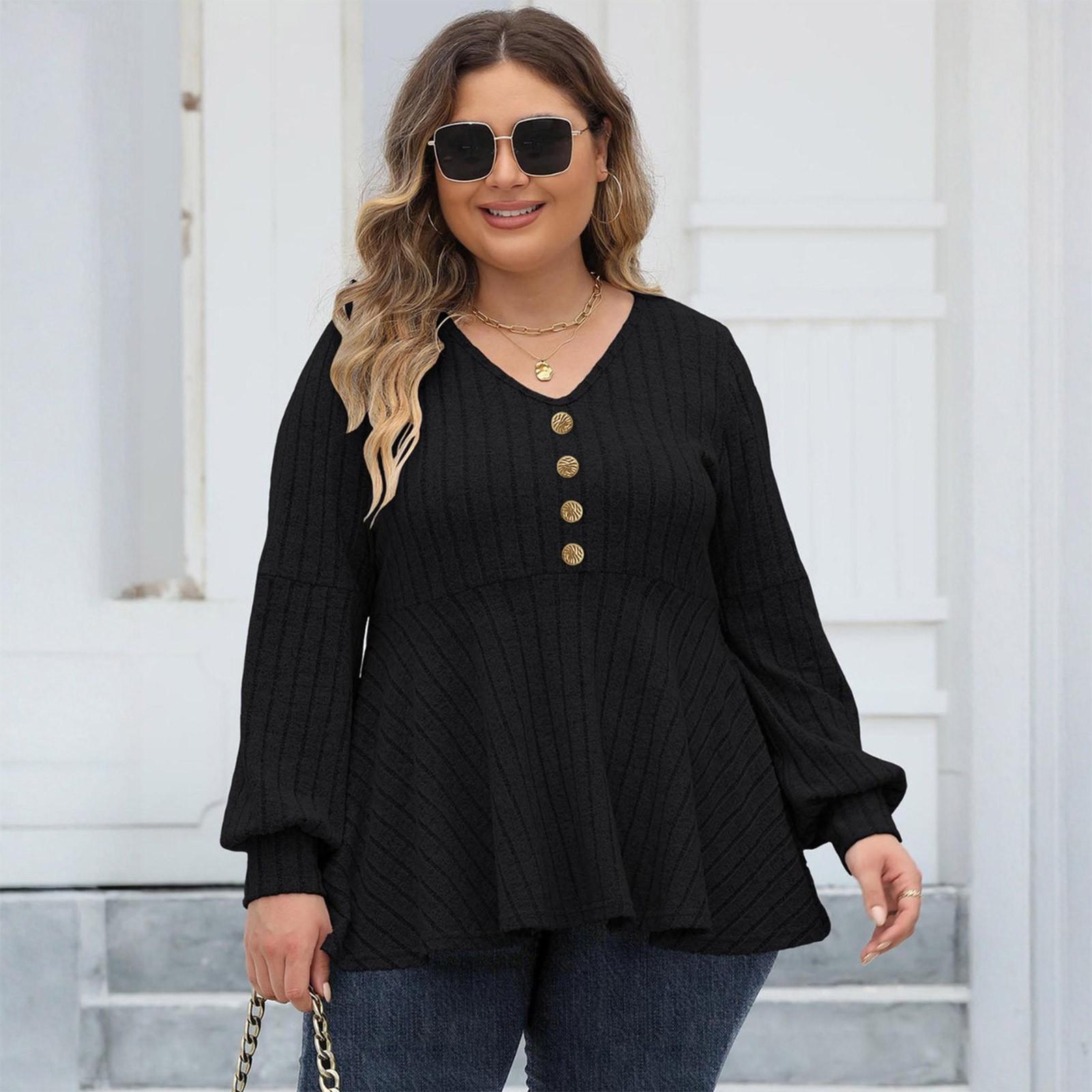 

Women s Tops Plus Size Women s Babydoll Top V-Neck Pierced Fleece Sleeve T-Shirt Decorated Top XL чёрный