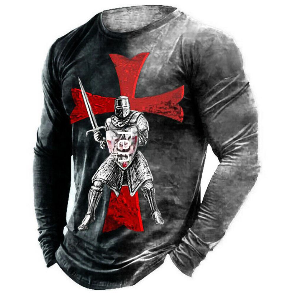 Knight 3D Digital Printing Flag T-shirt Unique Long Sleeve Pullover For Men European Style Cross-country Design