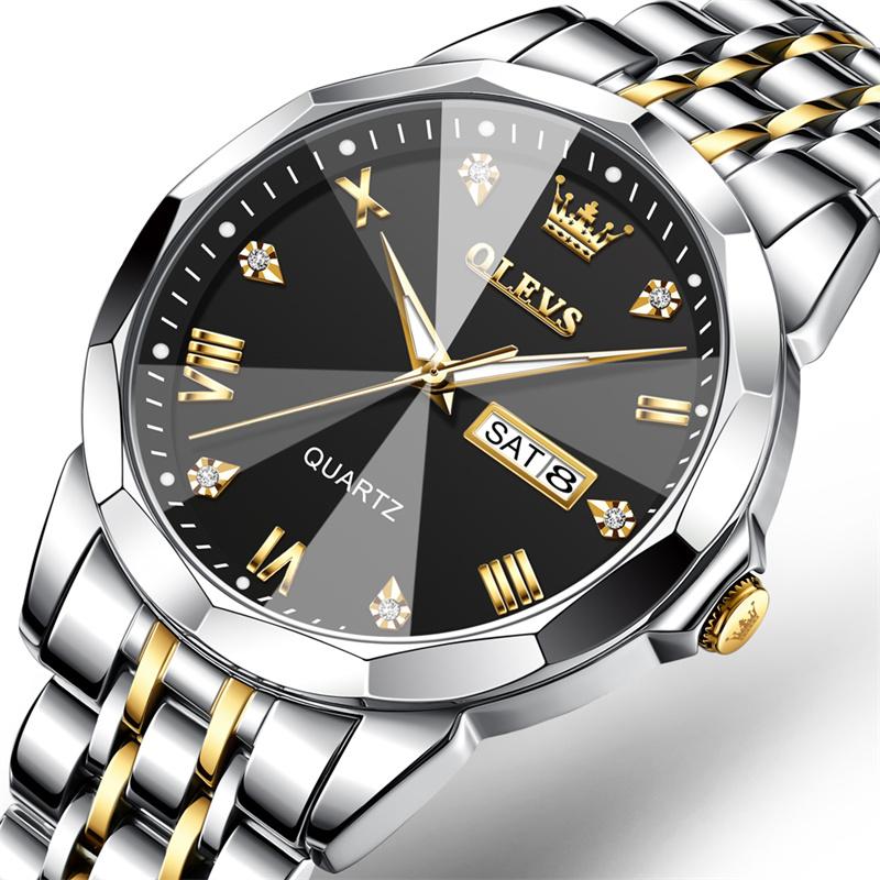 OLEVS Watch for Men Luxury Brand Black Steel Strap 3ATM Waterproof Date Luminous Quartz Men's Watches Reloj Hombre