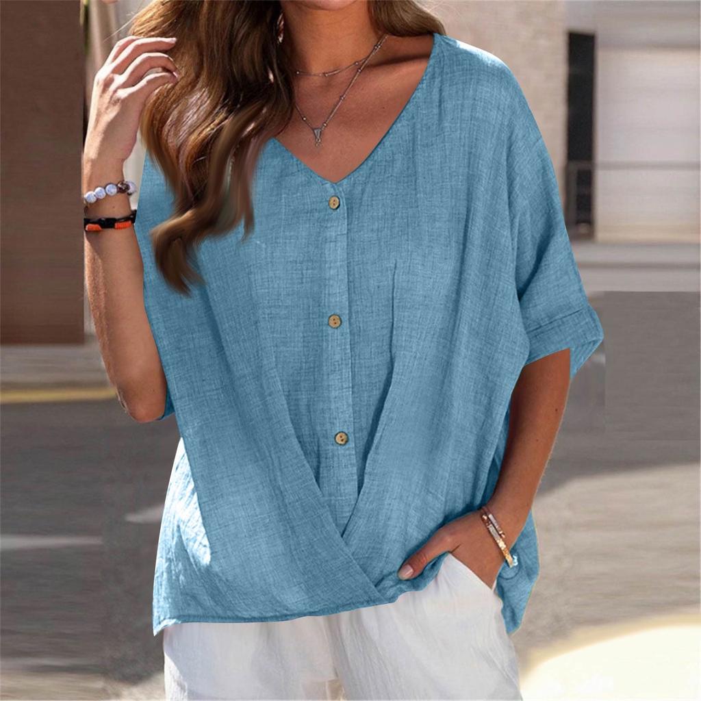 Women's Solid V-Neck Pullover Button Down Short Sleeve Shirt Casual Top Lightweight Tops