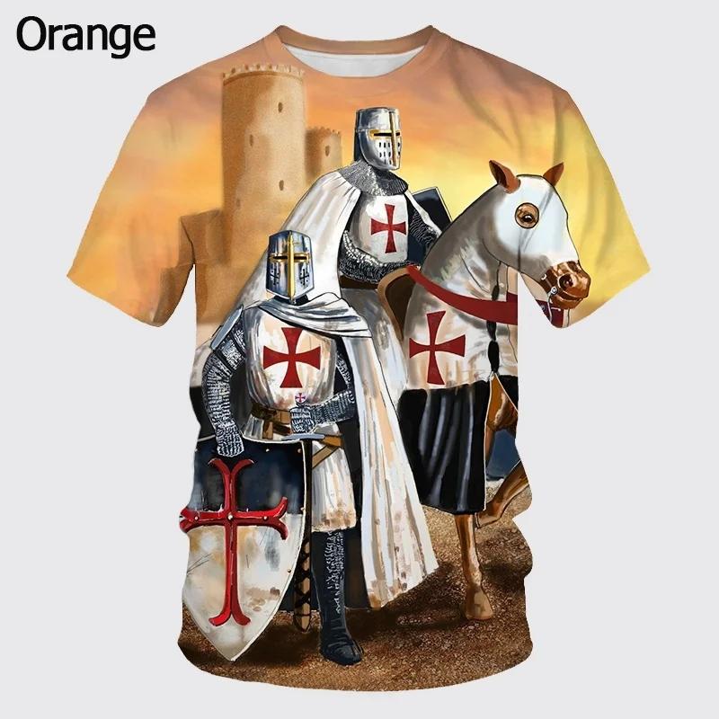 Summer Round Neck 3D Templar Knight Pattern Printed Top Fashionable Casual Short Sleeved Men's T-shirts