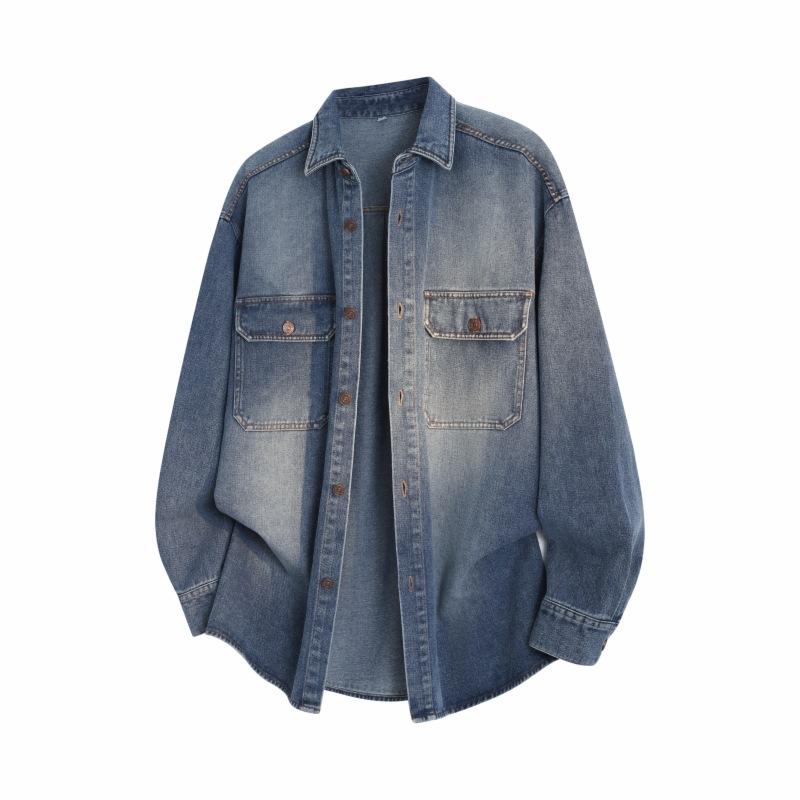 Versatile Coat Minimalist Solid Color Men's Long-sleeved Shirt Autumn Denim Lapel Loose Men's Jacket Jacket Men's Top Breathable Work Casual Jacket