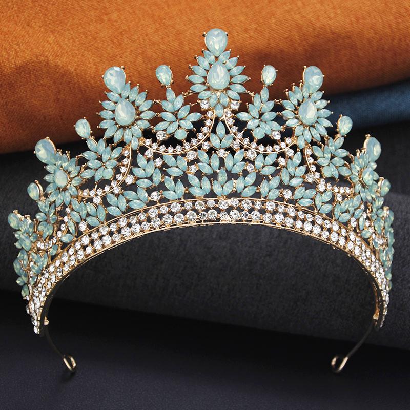 Elegant High Opal Pink Crown Royal Queen Tiaras and Crowns Wedding Hair Jewelry Party Prom Diadem Pageant Headdress Bridal