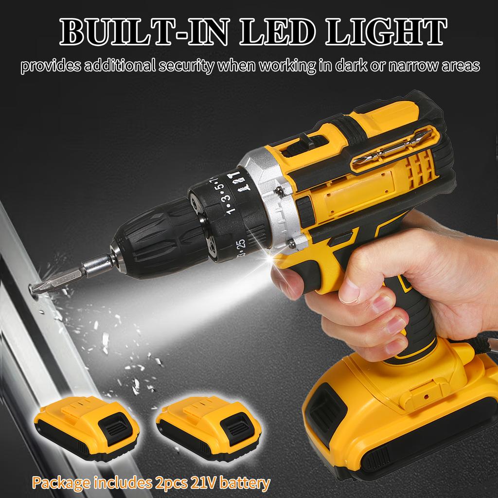 Cordless Drill Driver Kits with 2 Battery 21V Handheld Electric Drill with 38inch Keyless Chuck