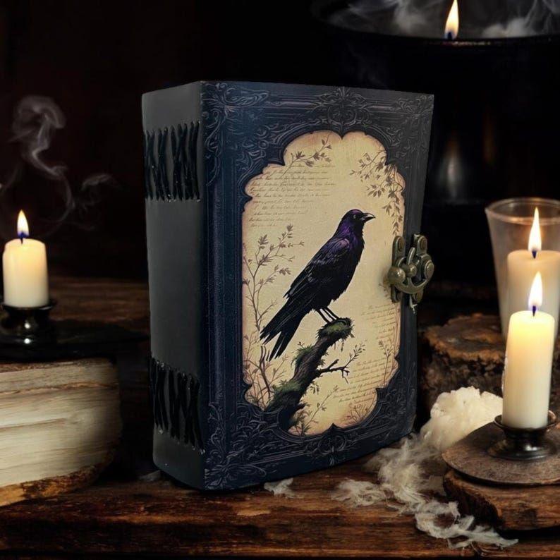 Leather Journal Gothic Notebook The Raven Grimoire Print - Vintage Handamde Journal Book of Shadows Witchcrafts Journal Gifts for Men
