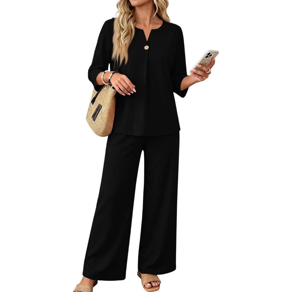 Women’s Casual Two Piece Outfit Button Down Three Quarter Sleeve Top and Wide Leg Long Pants Set for Daily Wear Office Travel