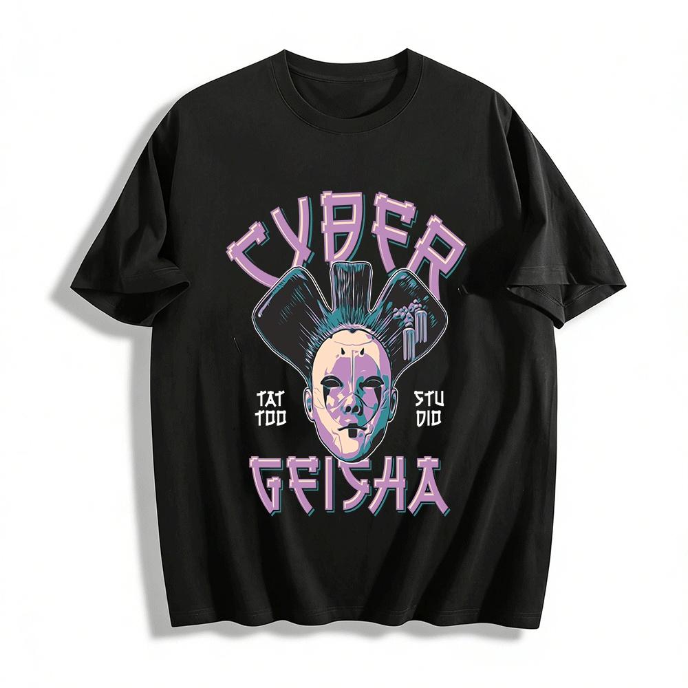 Cyber Geisha Futuristic Retro Print Trendy Cyberpunk T-Shirt Pure cotton T-shirt XXS