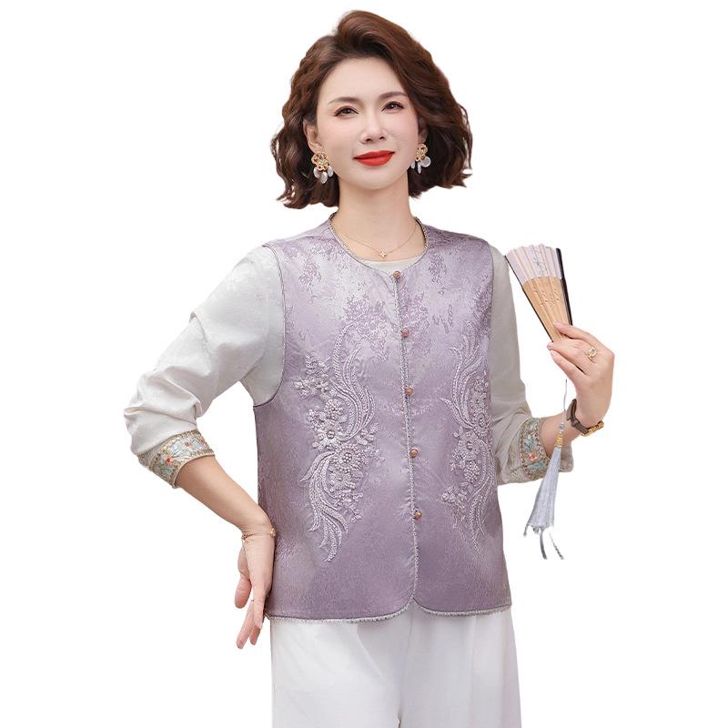 Elegant & Dignified Chinese Style Mother's Suit: 2026 Spring/Autumn Two-Piece Vest & Top Set for Mature Women
