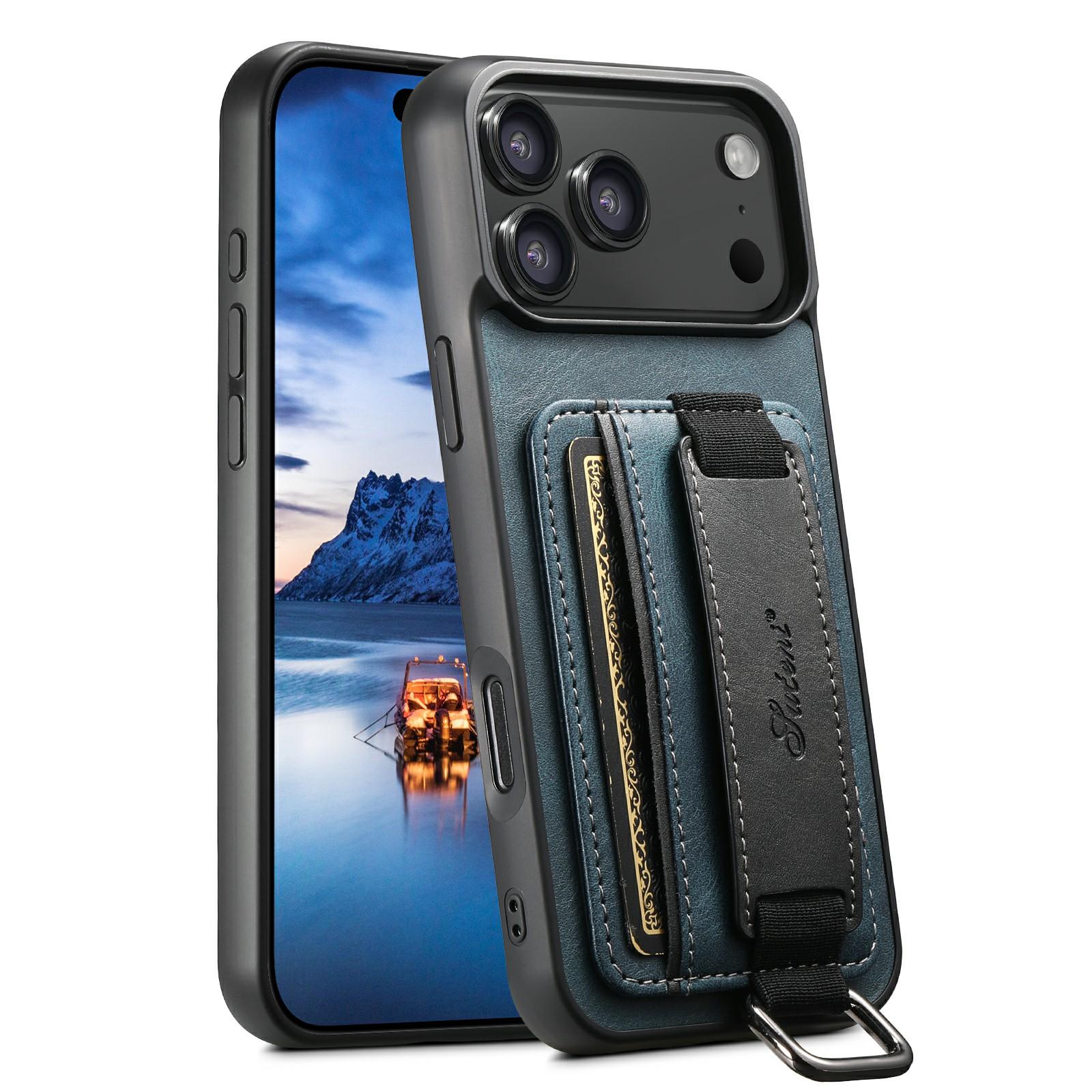 

SUTENI H13 For iPhone 17 Pro Case Card Holder Wristband Waxy Texture Leather + TPU + PC Cover B