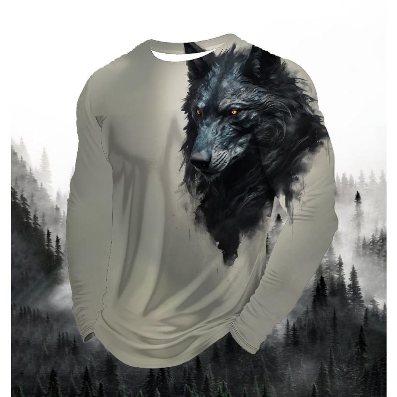 2024 Men's Fashion Print Round Neck Long Sleeve Party Autumn Sports Casual Pullover Men 3d Lonely Wolf Blue Print Tops