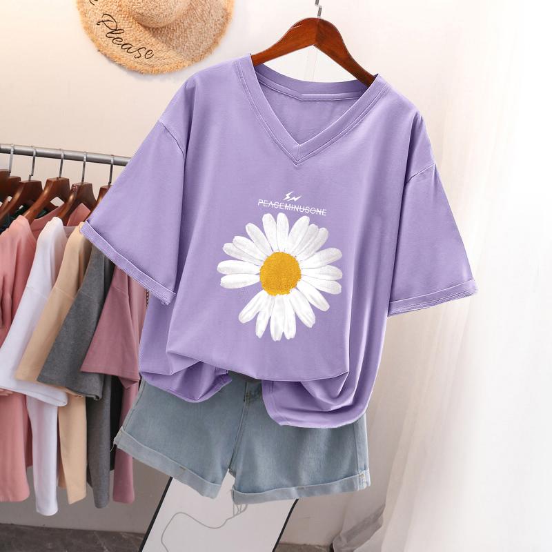 Short-sleeved T-shirt for Women, Large Size, Loose and Slimming, Printed V-neck Top