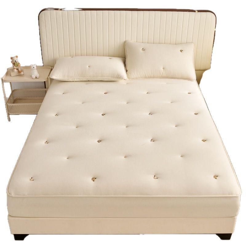 Washed Cotton Quilted Fitted Sheet - Solid Color, Full Wrap, Protective Cover for Home & Dormitory