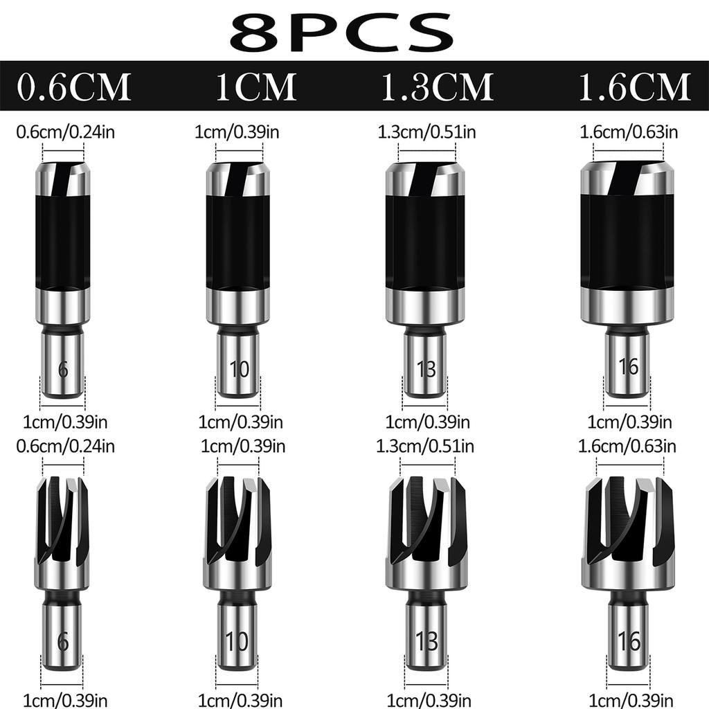 8PCS Wood Dowel Drill Bits Carbon Steel Wood Plug Cutter Countersink Drill Type Round Wood Tenon Drill Bits Round Shank