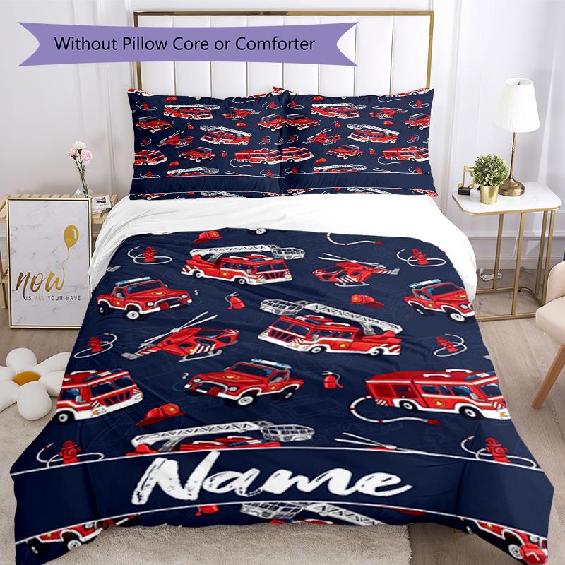 3pcs Custom Name fire truck Bedding Set Duvet Cover Closure Includes 1 Duvet Cover & 2 Pillowcases, Soft and Comfortable for All Seasons.