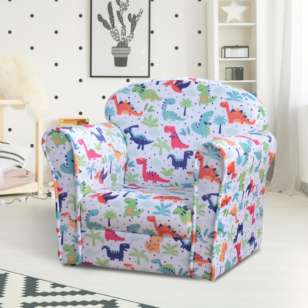 Children's Armchair Flannel Kids Sofa Tub Chair Cartoon Dinosaur Pattern Wooden Frame Bedroom Playroom Seater Multicolour