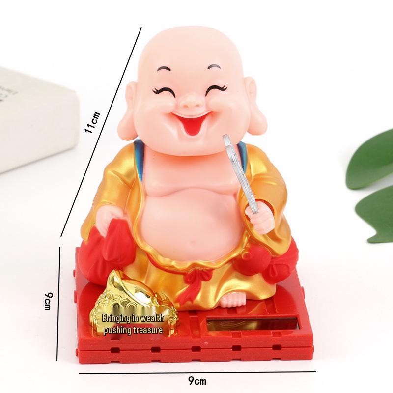 Online Solar-Powered Wooden Little Monk Car Figurine - Buddha Decoration