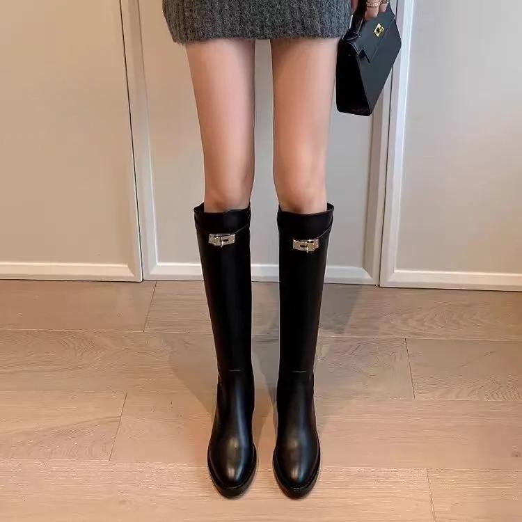 2025 Autumn Winter round Toe Belt Bule Long Boots Women Knee High Slimming Knight Boots Korean High Tube